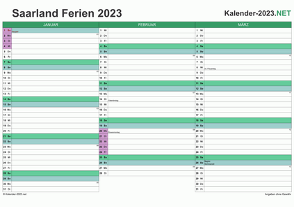 Vorschau EXCEL-Quartalskalender 2023 mit den Ferien Saarland