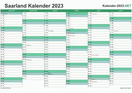 Vorschau Halbjahreskalender 2023 für EXCEL Saarland
