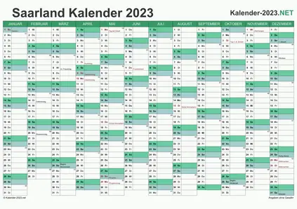 Vorschau Kalender 2023 für EXCEL mit Feiertagen Saarland