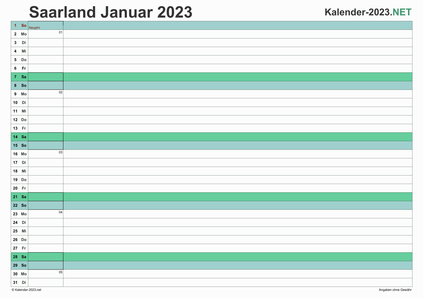 Vorschau Monatskalender 2023 für EXCEL Saarland