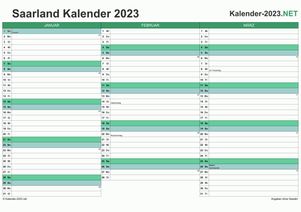 Vorschau Quartalskalender 2023 für EXCEL Saarland