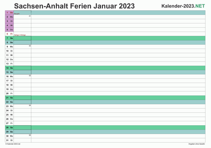 Vorschau EXCEL-Monatskalender 2023 mit den Ferien Sachsen-Anhalt