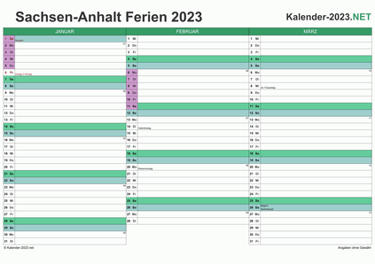 Quartalskalender mit Ferien Sachsen-Anhalt 2023 Vorschau