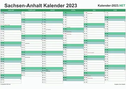 Vorschau Halbjahreskalender 2023 für EXCEL Sachsen-Anhalt
