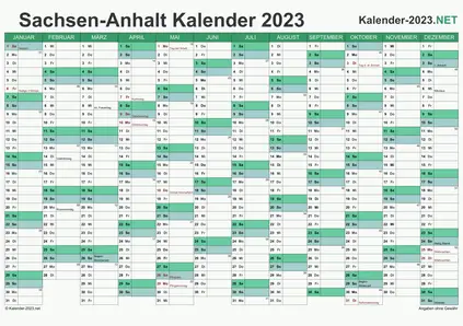 Vorschau Kalender 2023 für EXCEL mit Feiertagen Sachsen-Anhalt