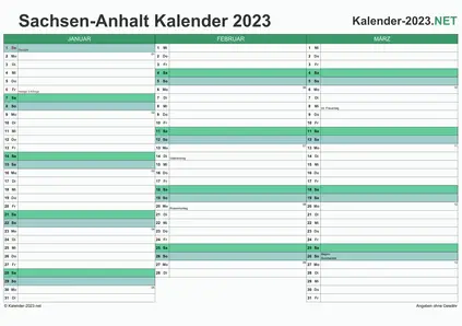 Vorschau Quartalskalender 2023 für EXCEL Sachsen-Anhalt