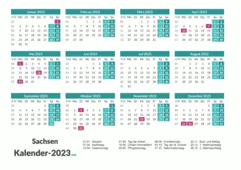 Sachsen Kalender 2023 + Feiertage Vorschau