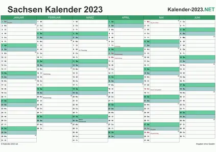 Vorschau Halbjahreskalender 2023 für EXCEL Sachsen