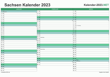 Vorschau Quartalskalender 2023 für EXCEL Sachsen