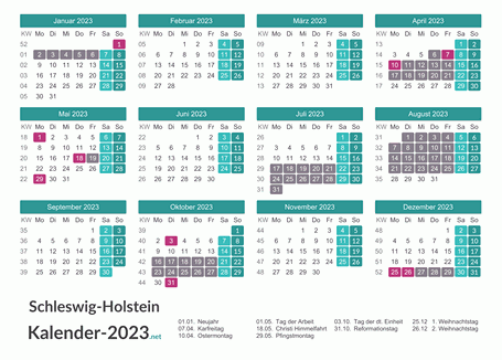 Kalender mit Ferien Schleswig-Holstein 2023 Vorschau