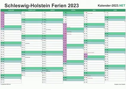 Vorschau EXCEL-Halbjahreskalender 2023 mit den Ferien Schleswig-Holstein