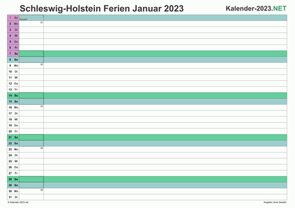 Vorschau EXCEL-Monatskalender 2023 mit den Ferien Schleswig-Holstein