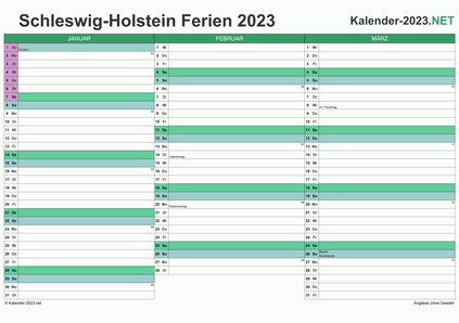 Quartalskalender mit Ferien Schleswig-Holstein 2023 Vorschau