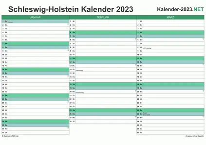 Vorschau Quartalskalender 2023 für EXCEL Schleswig-Holstein