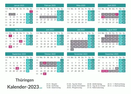 Kalender mit Ferien Thüringen 2023 Vorschau