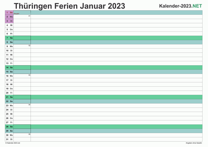 Vorschau EXCEL-Monatskalender 2023 mit den Ferien Thüringen