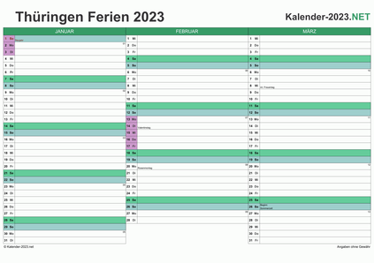 Vorschau EXCEL-Quartalskalender 2023 mit den Ferien Thüringen