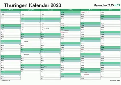 Vorschau Halbjahreskalender 2023 für EXCEL Thüringen