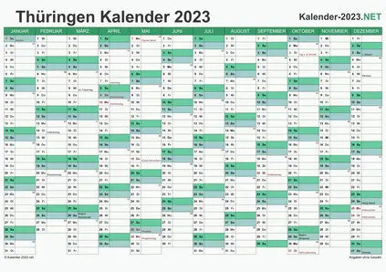 Vorschau Kalender 2023 für EXCEL mit Feiertagen Thüringen