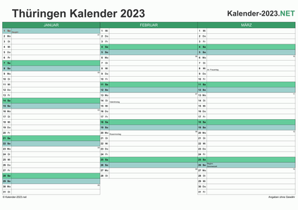 Vorschau Quartalskalender 2023 für EXCEL Thüringen